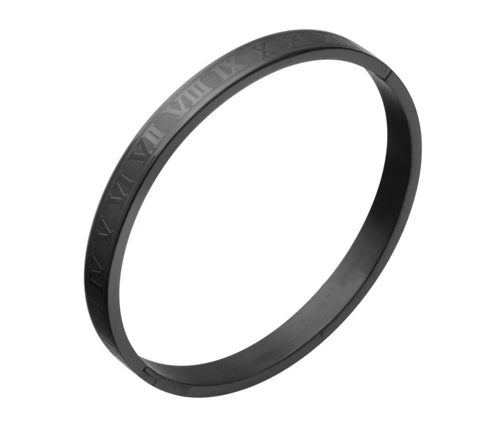 A black stainless steel bracelet engraved with Roman numerals on a white background.