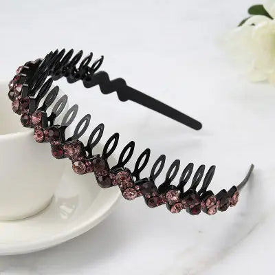Black anti-slip hairband decorated with pink and purple pearl rhinestones