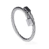 A silver stainless steel bracelet made of twisted wire with a rectangular clasp.