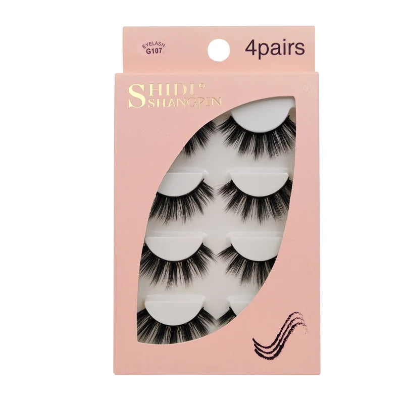 A box of 4 pairs of handmade mink strip eyelashes with a pink background.