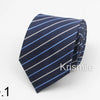 A dark blue striped necktie with thin light stripes and a subtle dot pattern folded neatly.