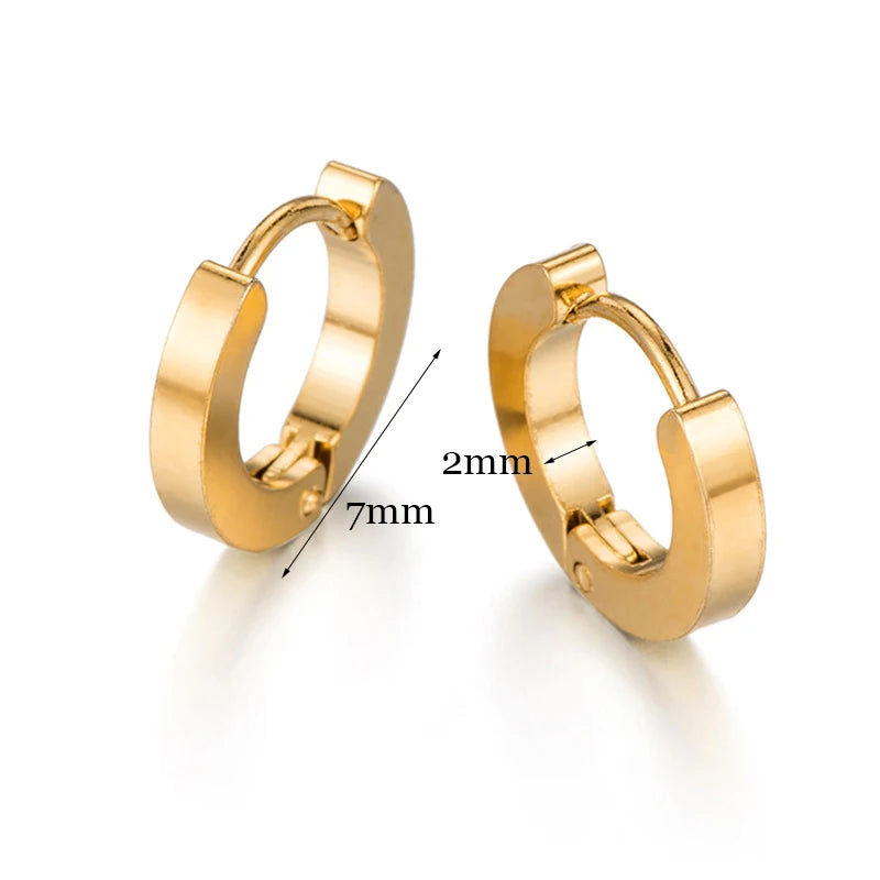 A pair of minimalist gold hoop earrings shown with dimension lines.