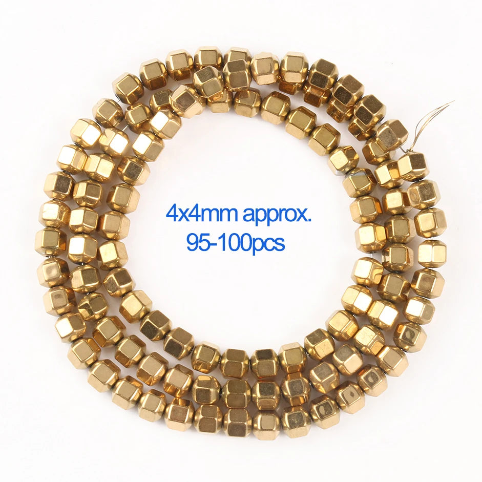 A circular arrangement of small gold-plated hematite round cube beads for DIY jewelry.