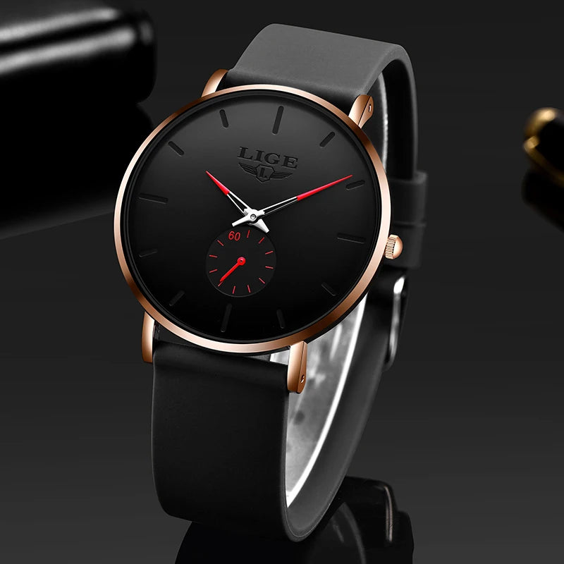 A black LIGE mens quartz sport watch with a rose gold bezel and dark strap shown against a dark background.