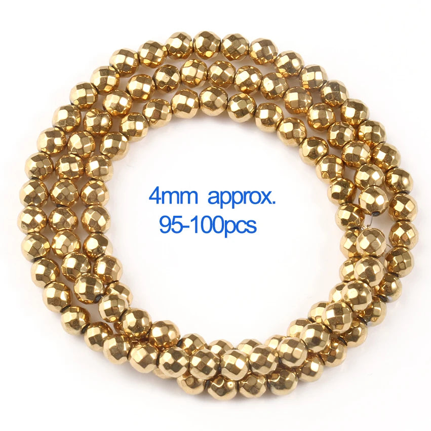 A strand of small gold-plated hematite round cube beads for DIY jewelry, approximately 4mm in size.