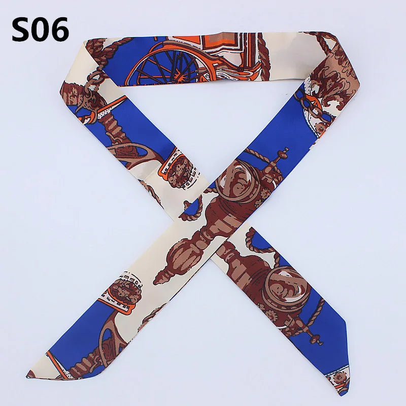 A silk headband scarf featuring a multi-color leopard print design with historical or warrior motifs.