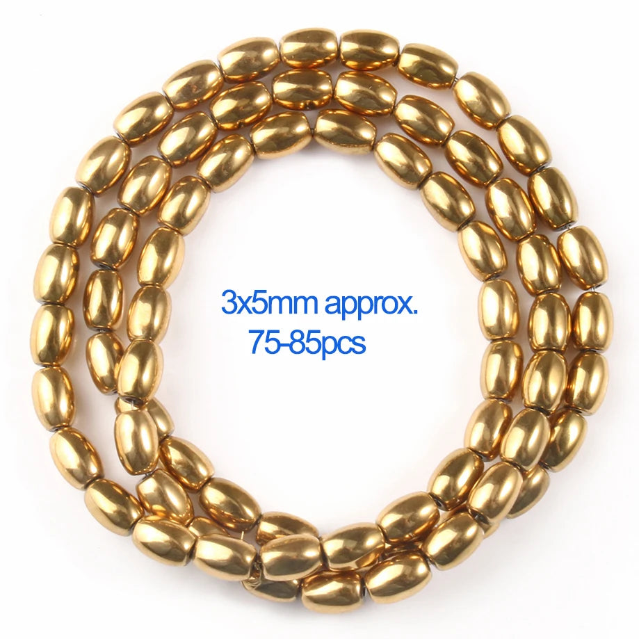 A circular arrangement of gold-plated hematite round cube beads, approximately 3x5mm, for DIY jewelry.