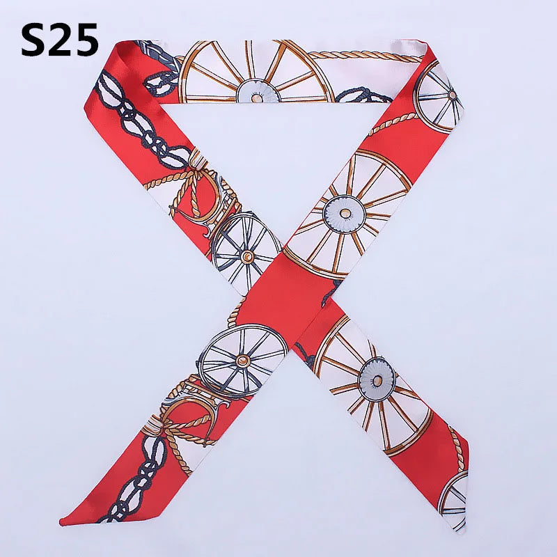 Red and white patterned silk headband scarf with a cross design