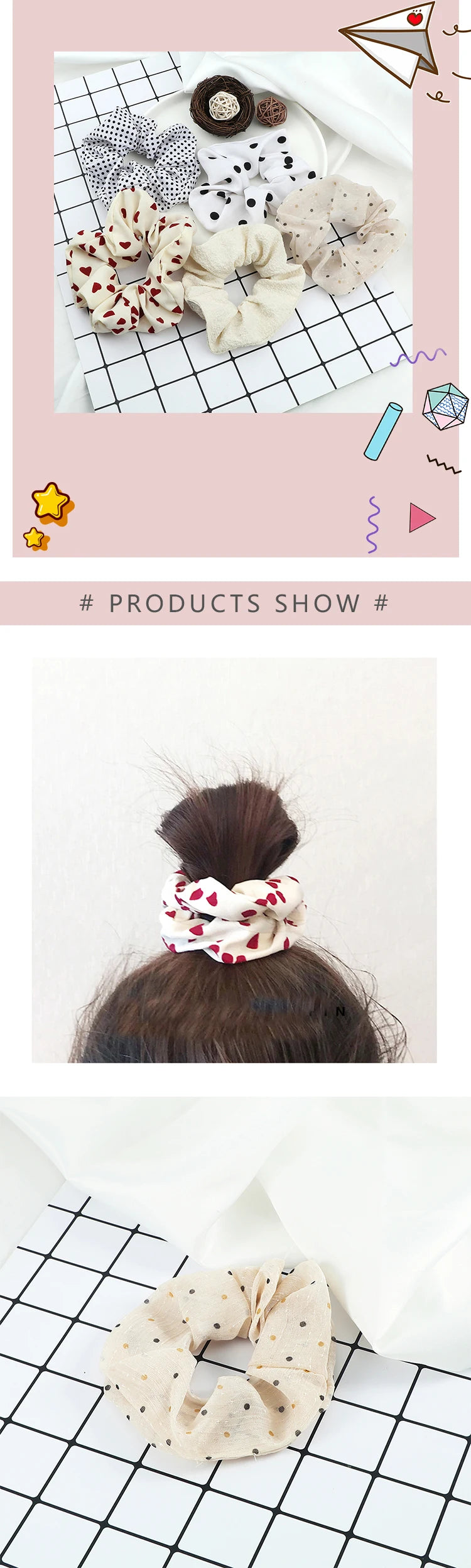 A display of three knitted hair scrunchie headbands in various neutral and floral patterns on a grid background.