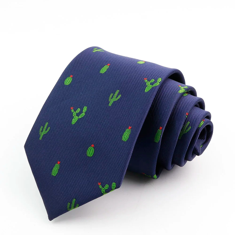 Corbata de seda jacquard azul marino para hombre con pequeños patrones de cactus verdes