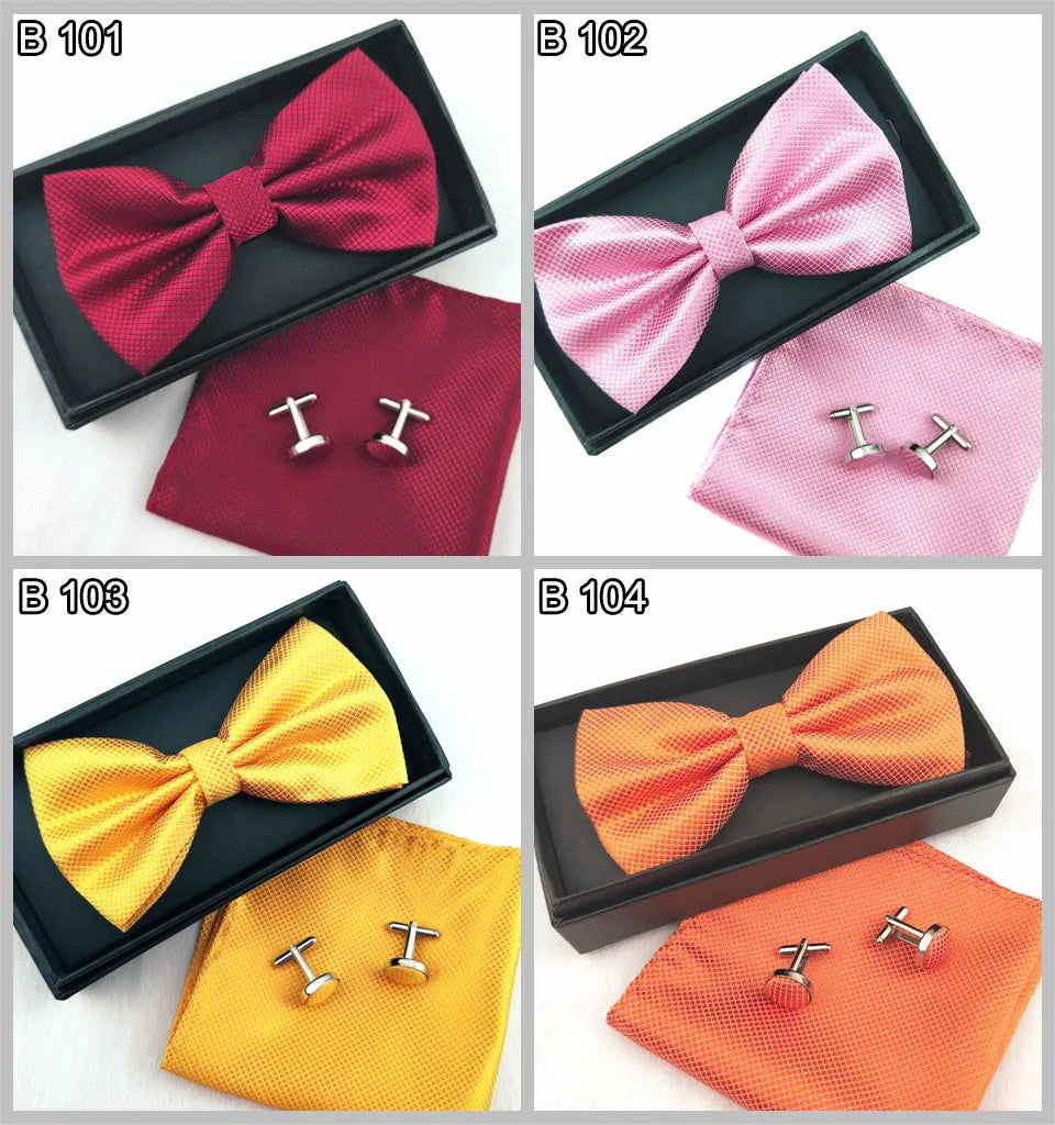 Four sets of elegant men's bow ties and cufflinks in various colors including red, pink, yellow, and orange.