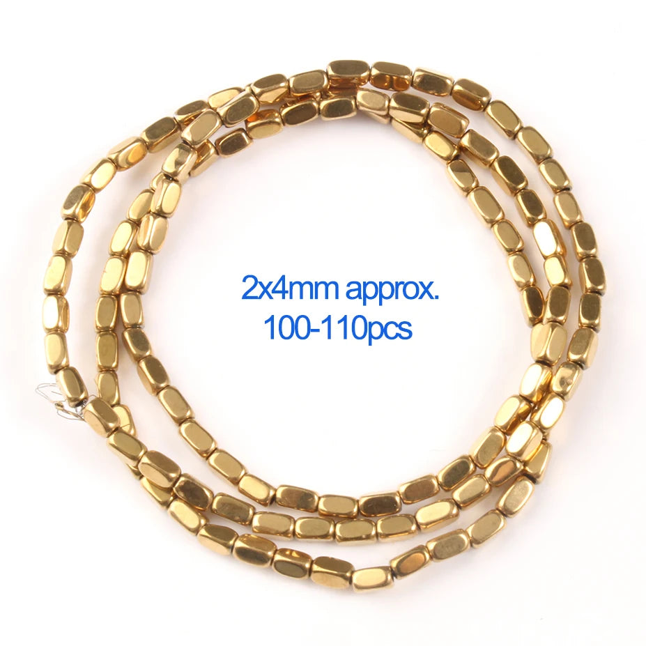A circular arrangement of gold-plated hematite round cube beads for DIY jewelry.