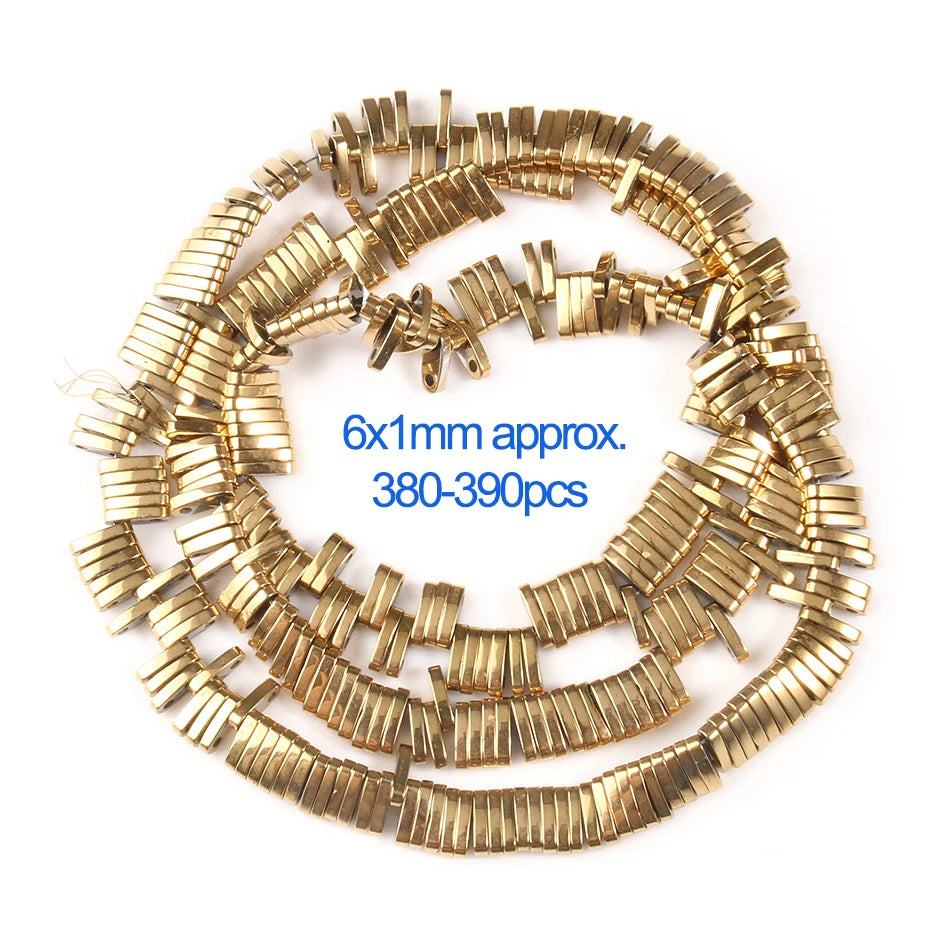 A circular arrangement of gold-plated hematite round cube beads for DIY jewelry, approximately 380-390 pieces.