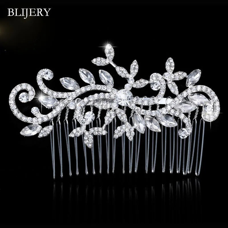 A sparkling silver rhinestone bridal hair comb tiara with delicate floral designs.