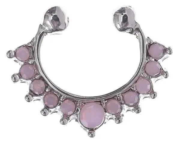 Silver faux septum nose ring hoop with pink zircon accents