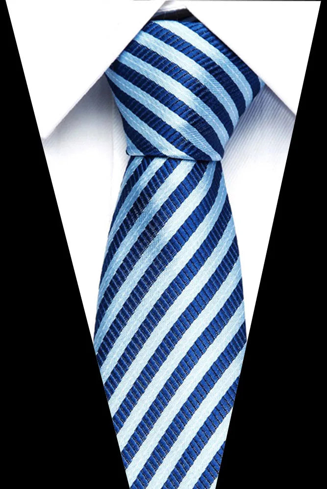 A blue and white striped silk jacquard tie tied in a knot, shown against a black background.