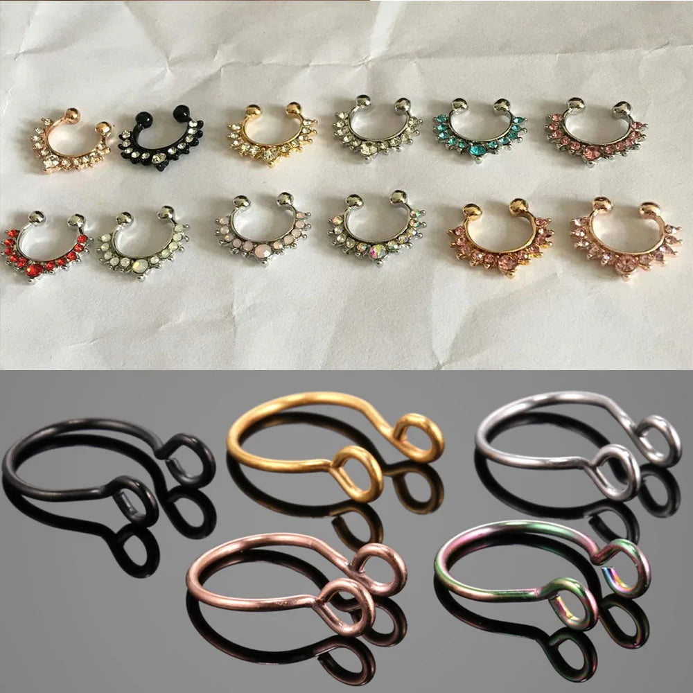 A collection of faux septum nose ring hoops in various sizes and accents, including gold, silver, and colored stones.