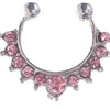 Silver hoop nose ring with pink zircon accents for non-pierced use