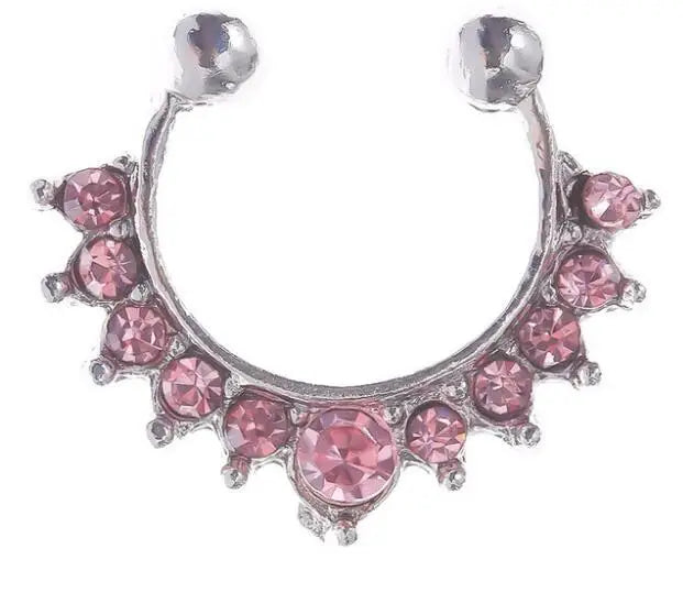 Silver hoop nose ring with pink zircon accents for non-pierced use