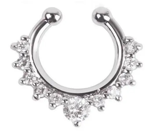 Silver faux septum nose ring hoop with a zircon accent and decorative pave stones.