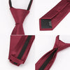 A maroon striped tie with a black zipper detail shown in various angles.