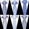 Three variations of men's silk jacquard ties in blue and white patterns shown against a black background.