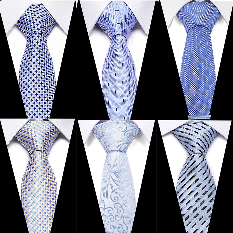 Three variations of men's silk jacquard ties in blue and white patterns shown against a black background.
