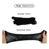 Black stretchable mesh hair net demonstrating high elasticity and stretching effect.