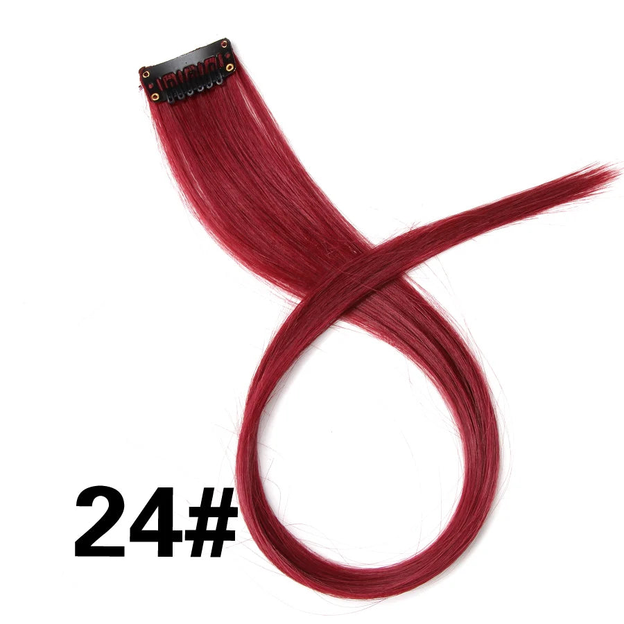 A bundle of deep red synthetic hair extensions with a clip-in attachment shown against a white background.