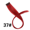 A bundle of vibrant red synthetic hair extensions with a clip-in attachment.