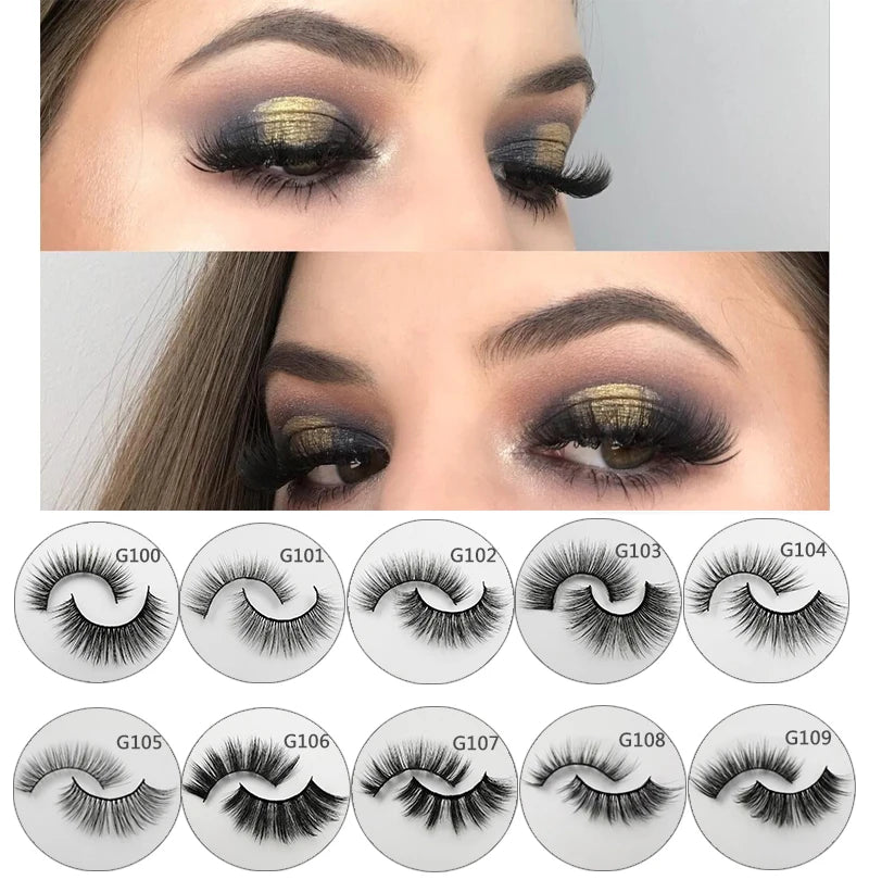 A collection of ten pairs of handmade mink strip eyelashes shown in various styles and shades.