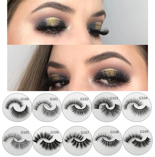 A collection of ten pairs of handmade mink strip eyelashes shown in various styles and shades.