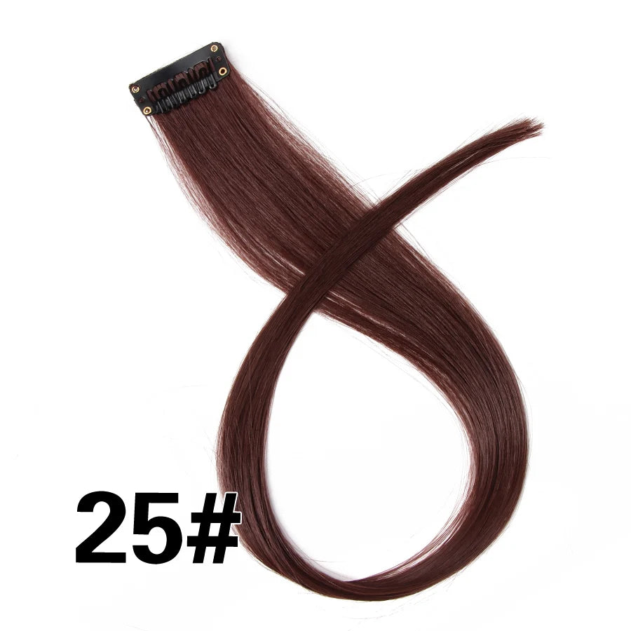 A bundle of dark brown synthetic hair extensions with a clip-in attachment.