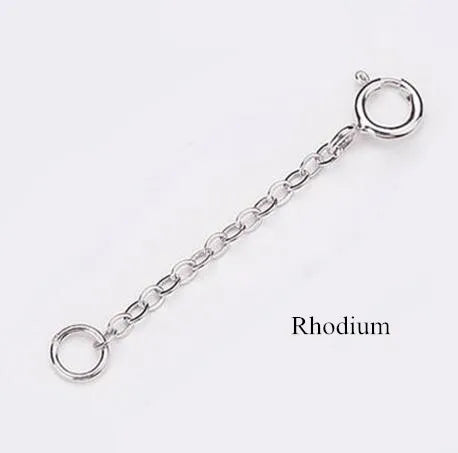 A silver extension chain with a loop and jump rings for jewelry making.