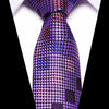 A close-up of a men's silk jacquard tie featuring a vibrant purple and pink checkered pattern.