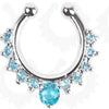 Silver hoop nose ring with blue accent stones and a central blue gemstone.