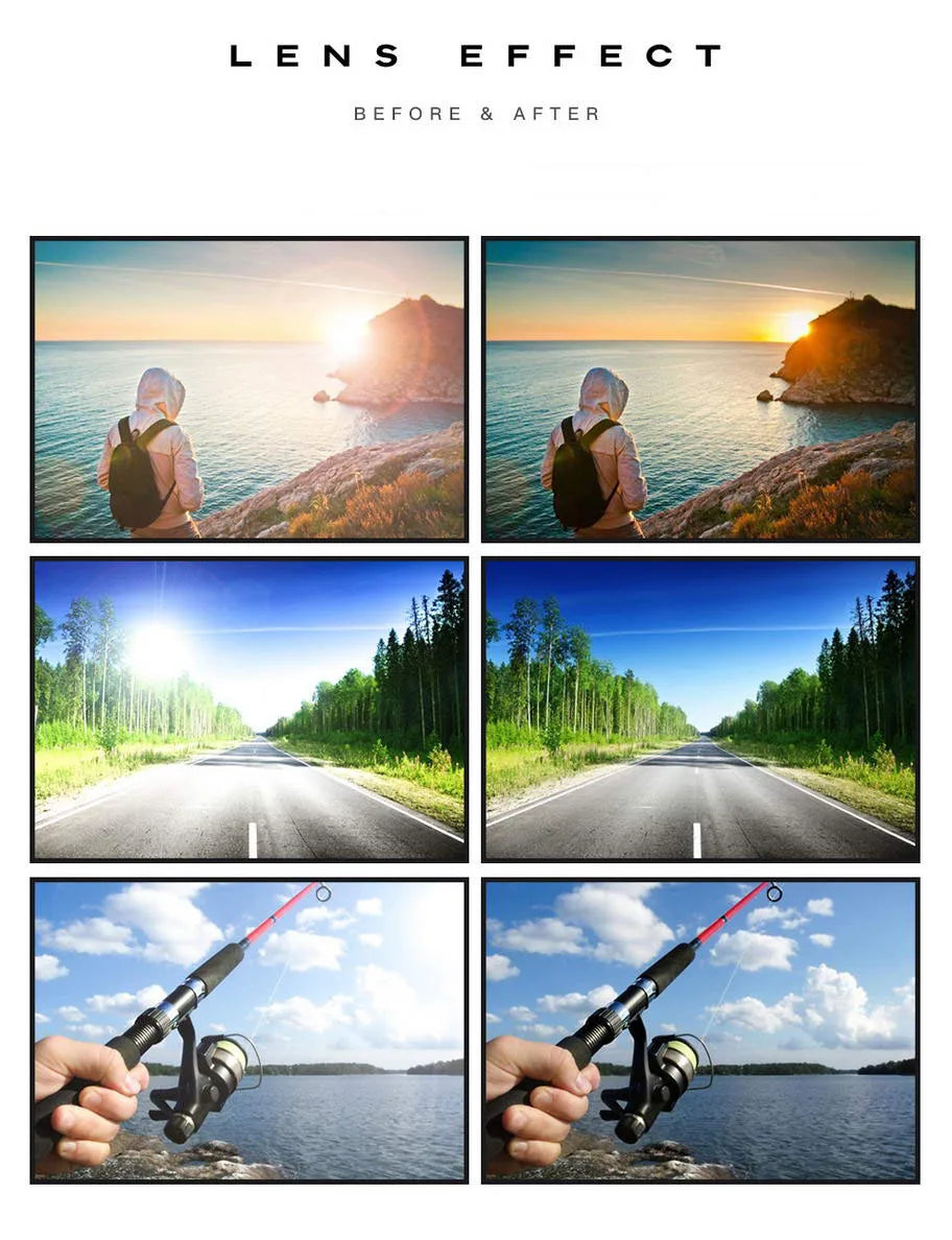 Before and after comparison of lens effect on vintage polarized square sunglasses
