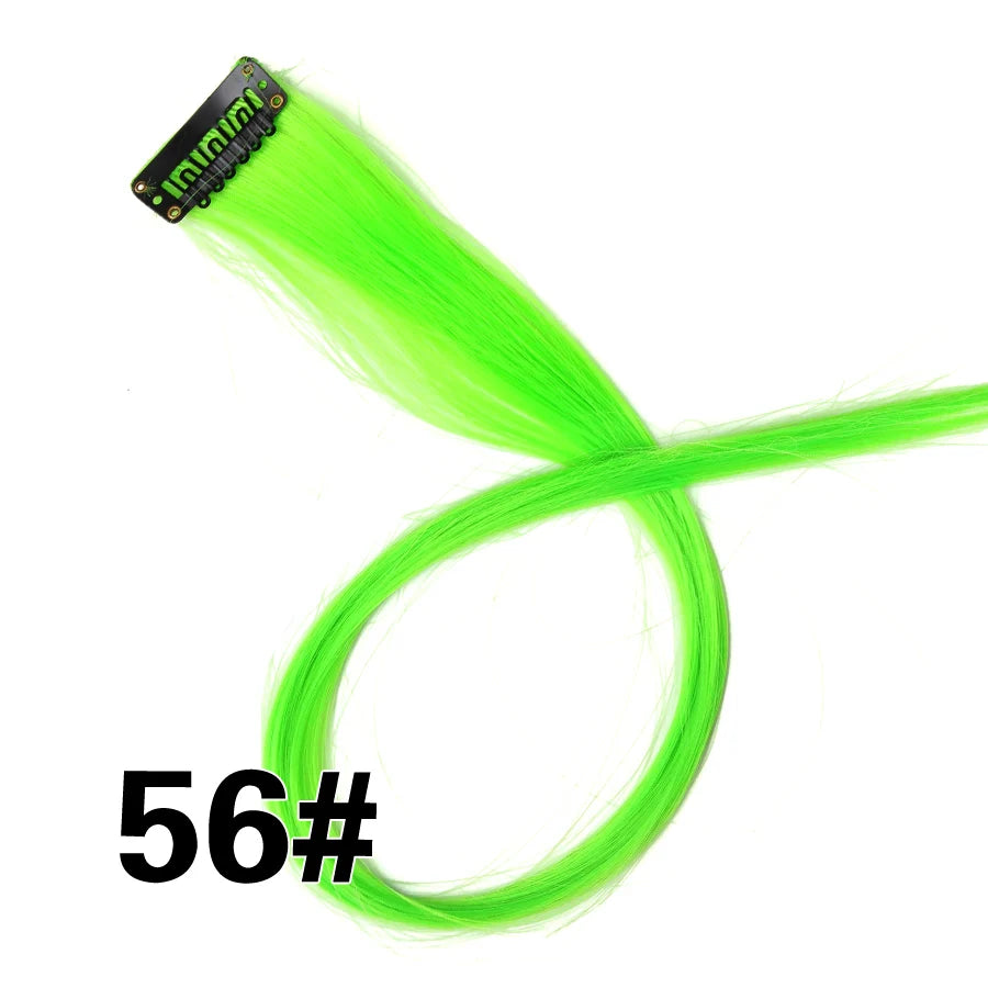 A bright lime green synthetic hair extension strand with a clip-in attachment.