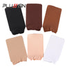 A collection of stretchable nylon wig caps in black, brown, beige, and white.
