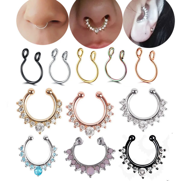 A collection of various faux septum nose ring hoops and accents in gold, silver, rose gold, and black finishes.