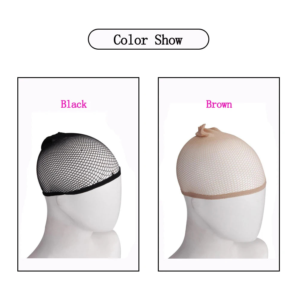 Color show displaying black and brown stretchable mesh hair nets on a mannequin head.