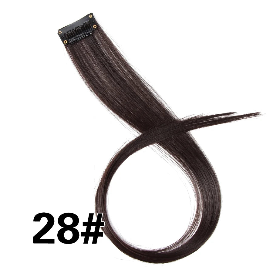 A bundle of dark brown synthetic hair extensions with a clip-in attachment shown against a white background.
