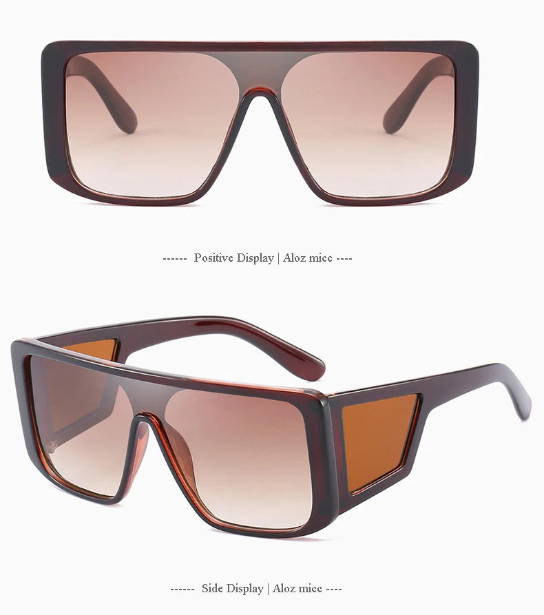 A pair of oversized gradient square sunglasses shown in two views, demonstrating positive and side displays.