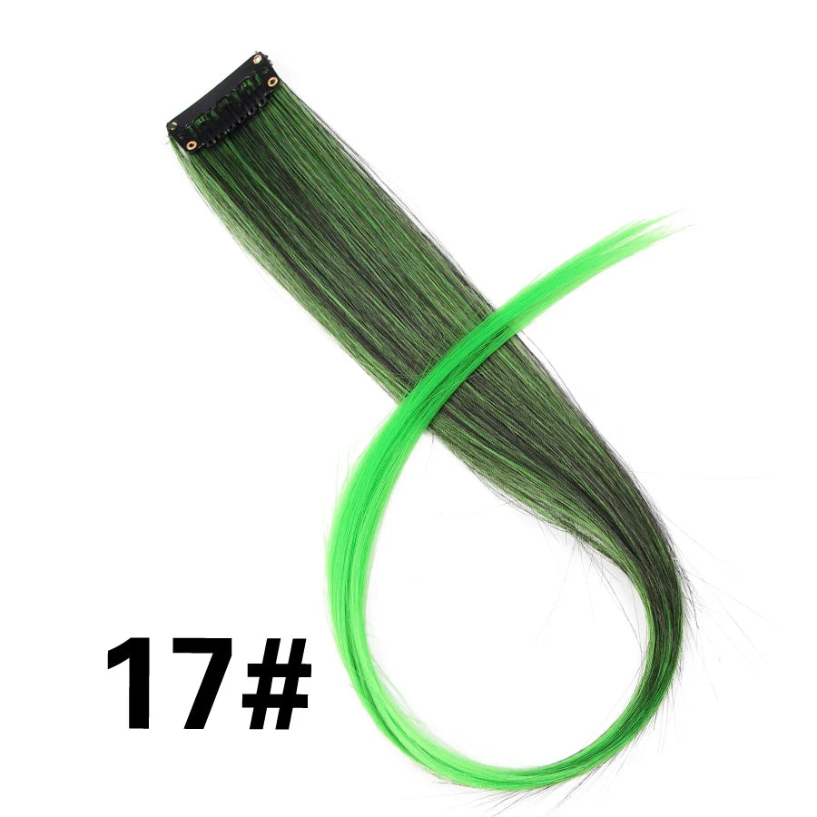A bundle of bright green synthetic hair extensions with a clip-in attachment.