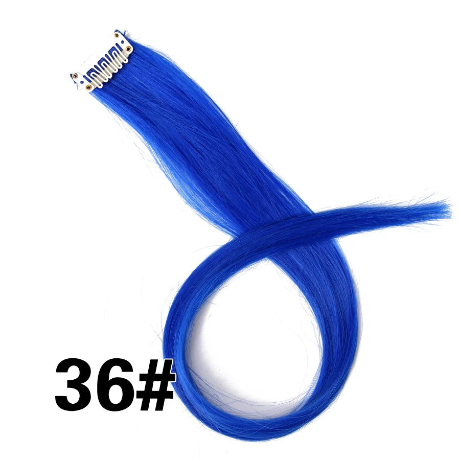 A bundle of bright blue synthetic hair extensions with a clip-in attachment.