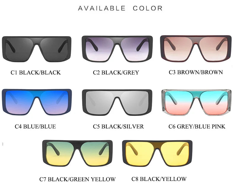 A selection of available color options for oversized gradient square sunglasses, including black, grey, brown, blue, silver, 