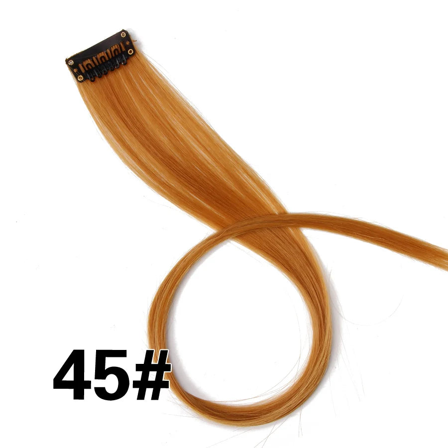 A bundle of straight, golden blonde synthetic hair extensions with a clip-in attachment.