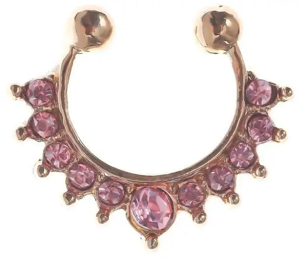 Gold-toned faux septum nose ring hoop with pink zircon accents.