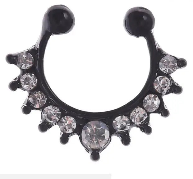 Black faux septum nose ring hoop with clear zircon accents.