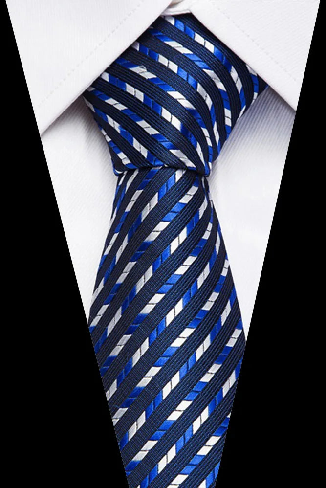 A close-up of a blue and white striped silk jacquard tie worn with a white dress shirt.